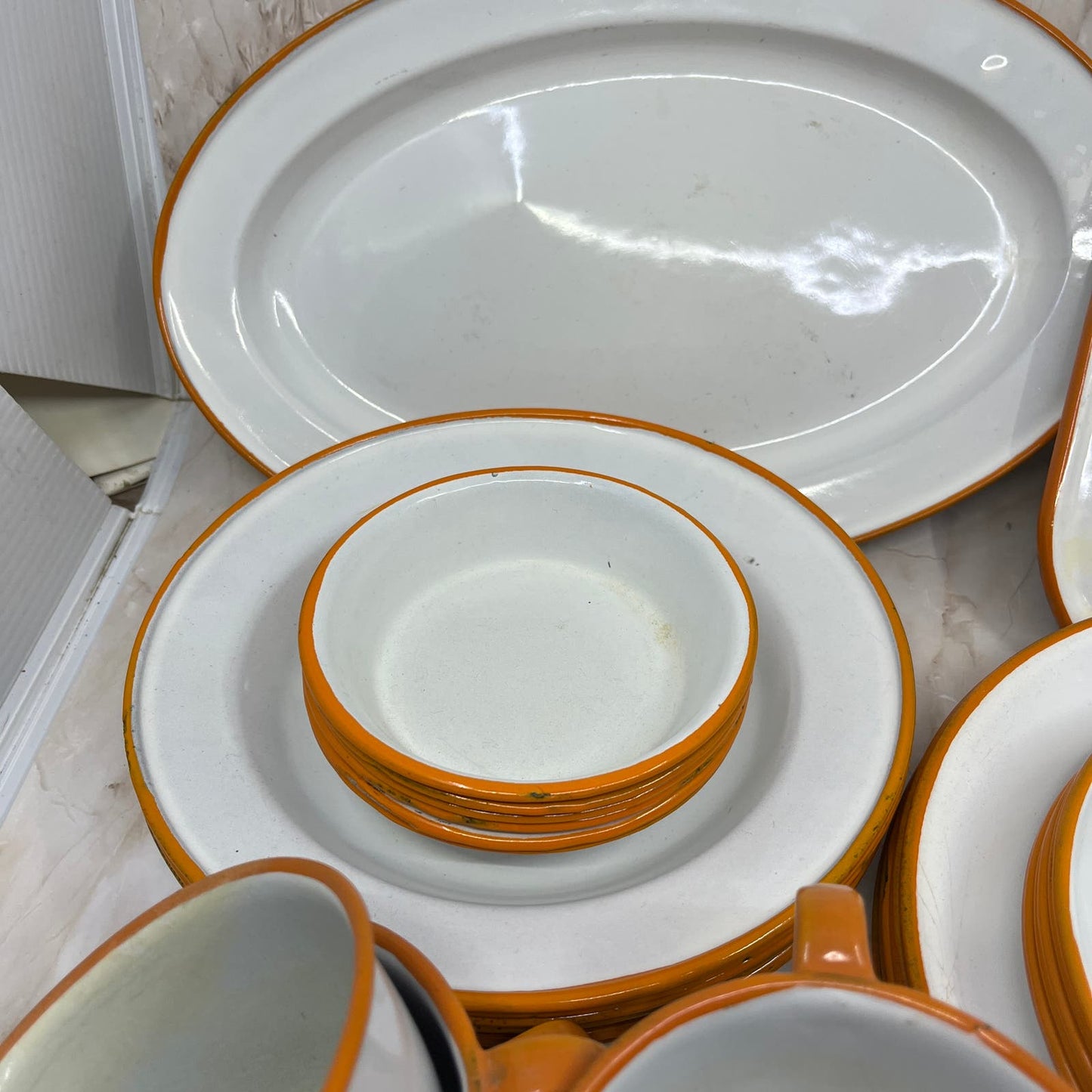 Vintage Enamelware 6 Place Setting Full Set White Orange Trim Bowls Plates Cups