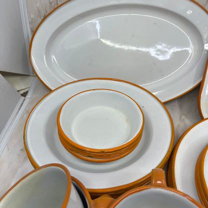 Vintage Enamelware 6 Place Setting Full Set White Orange Trim Bowls Plates Cups