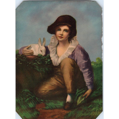 Antique Victorian Picture Print Little Boy with Rabbit 5x7 TJ1-2