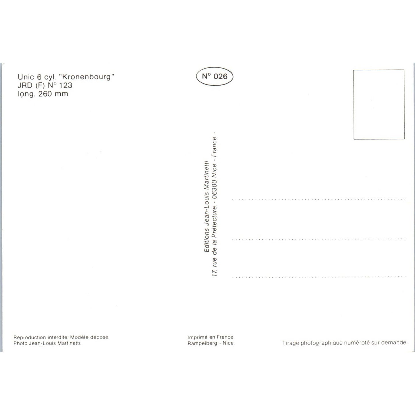 Unic 6 cyl Kronenbourg JRD N 123 French Toy Race Car Original Postcard TK1-P18