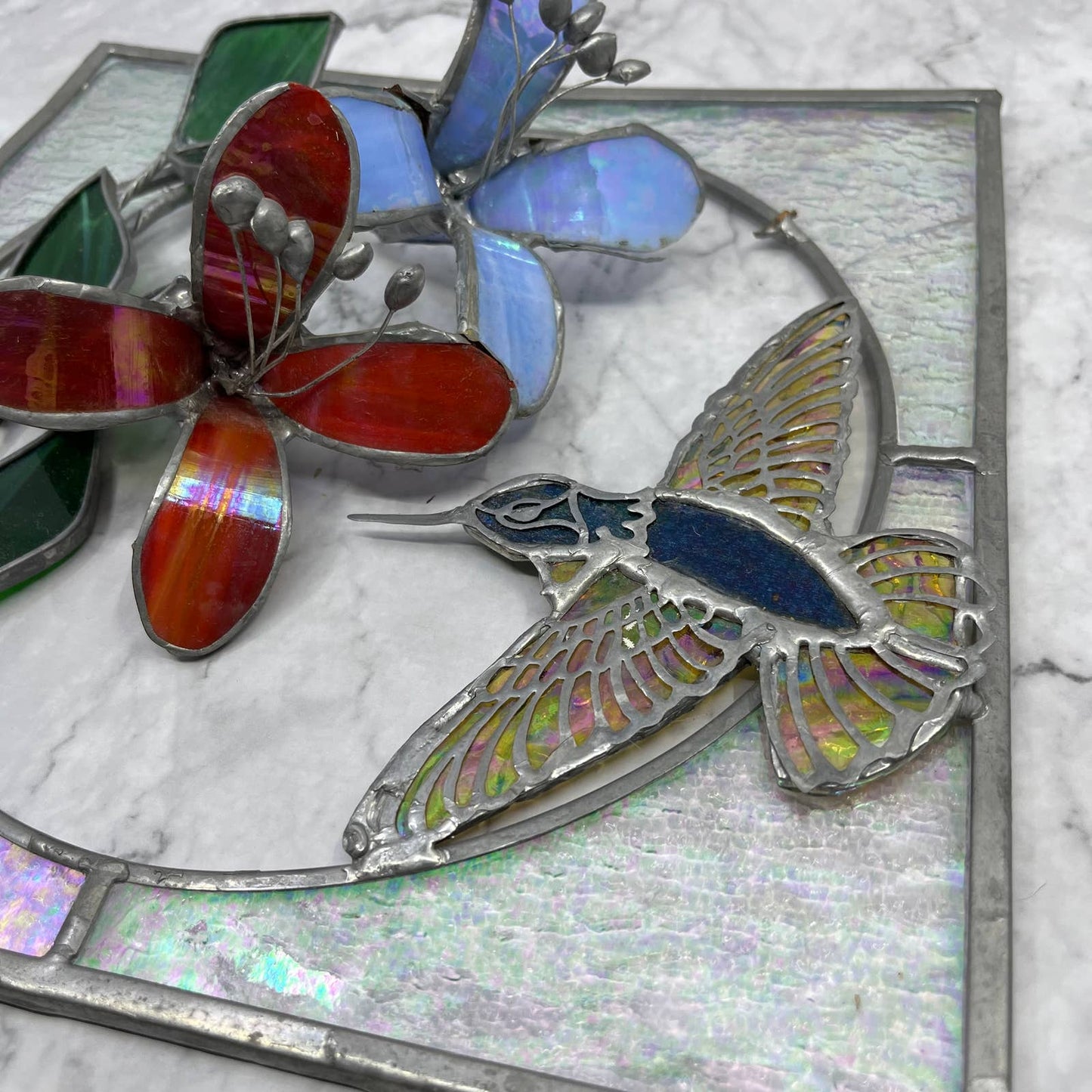 Vintage Stained Glass Sun Catcher 3D Hummingbird and Flowers 10.5” TA9
