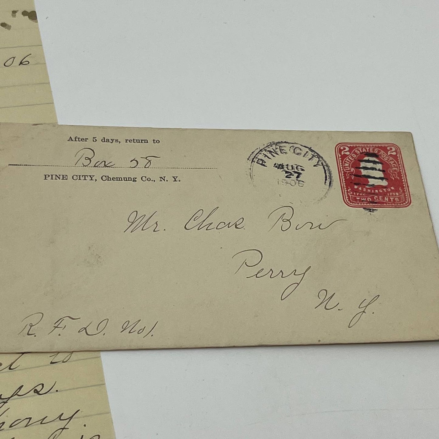 1906 Postal Cover & Letter Pine City to Perry NY Charles Bun AA6