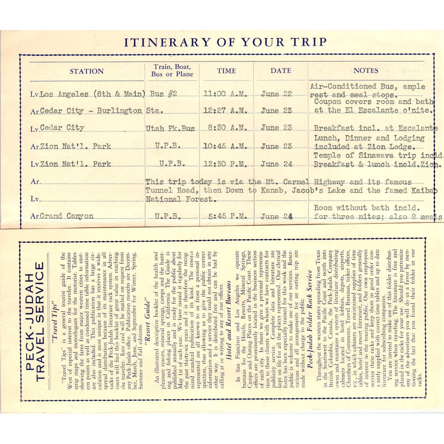 1947 Trip Itinerary The Peck Judah Co Travel Advisors LA to Cedar City AD7