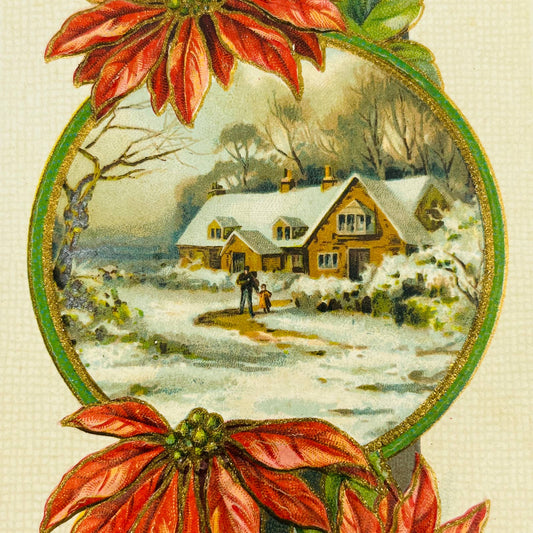 1910s Christmas Post Card Embossed Art Deco Psalm 143:10 Poinsettias Cottage PA4