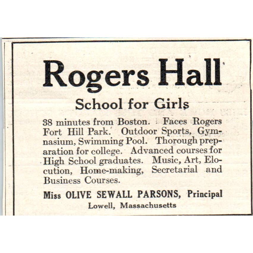 c1920 Harper's Ad - Rogers Hall Girls School Olive Sewall Parsons Lowell EA3-2