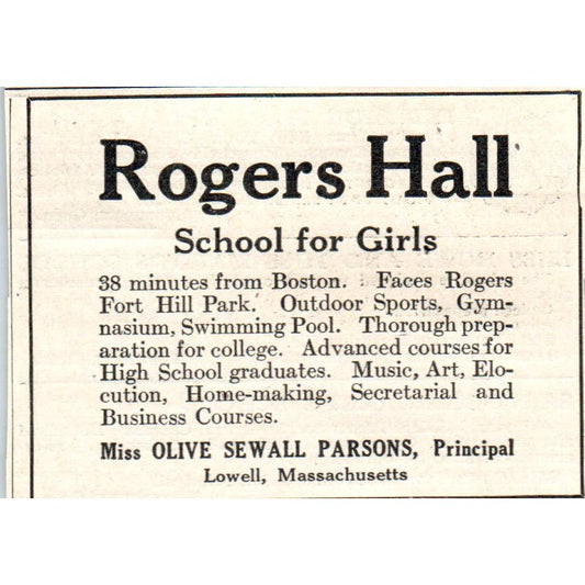 c1920 Harper's Ad - Rogers Hall Girls School Olive Sewall Parsons Lowell EA3-2