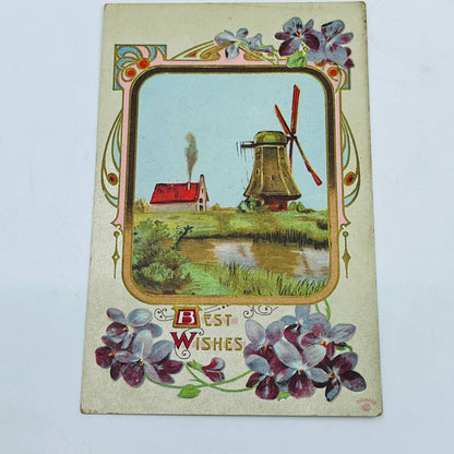 1911 Post Card Illustrated Embossed Windmill Cottage River Dresden Gilt PA7