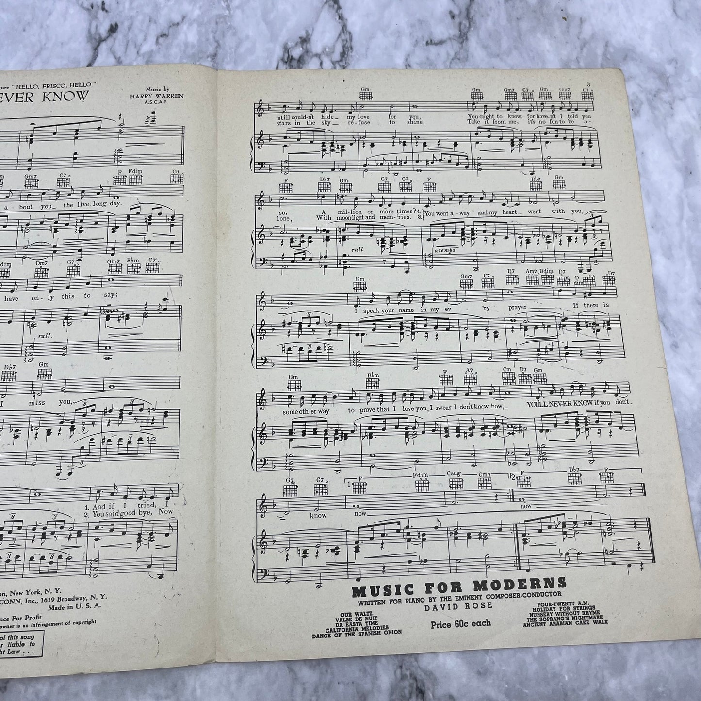 "YOU'LL NEVER KNOW" 1943 Piano Sheet Music Gordon, Warren Hello Frisco V42-4