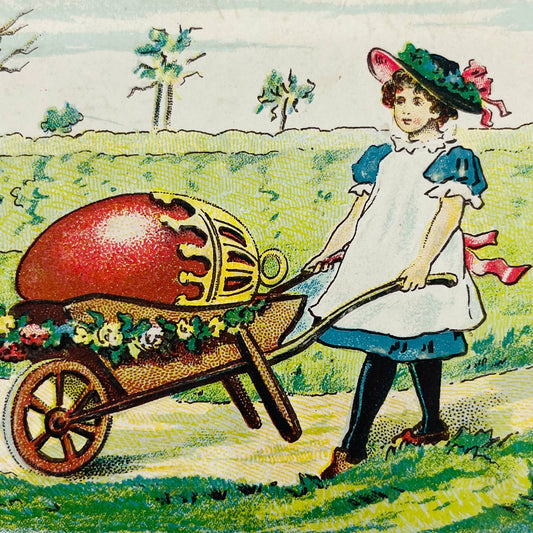 1910s Easter Post Card Embossed Chickens Girl Pushing Giant Egg Wheelbarrow PA5