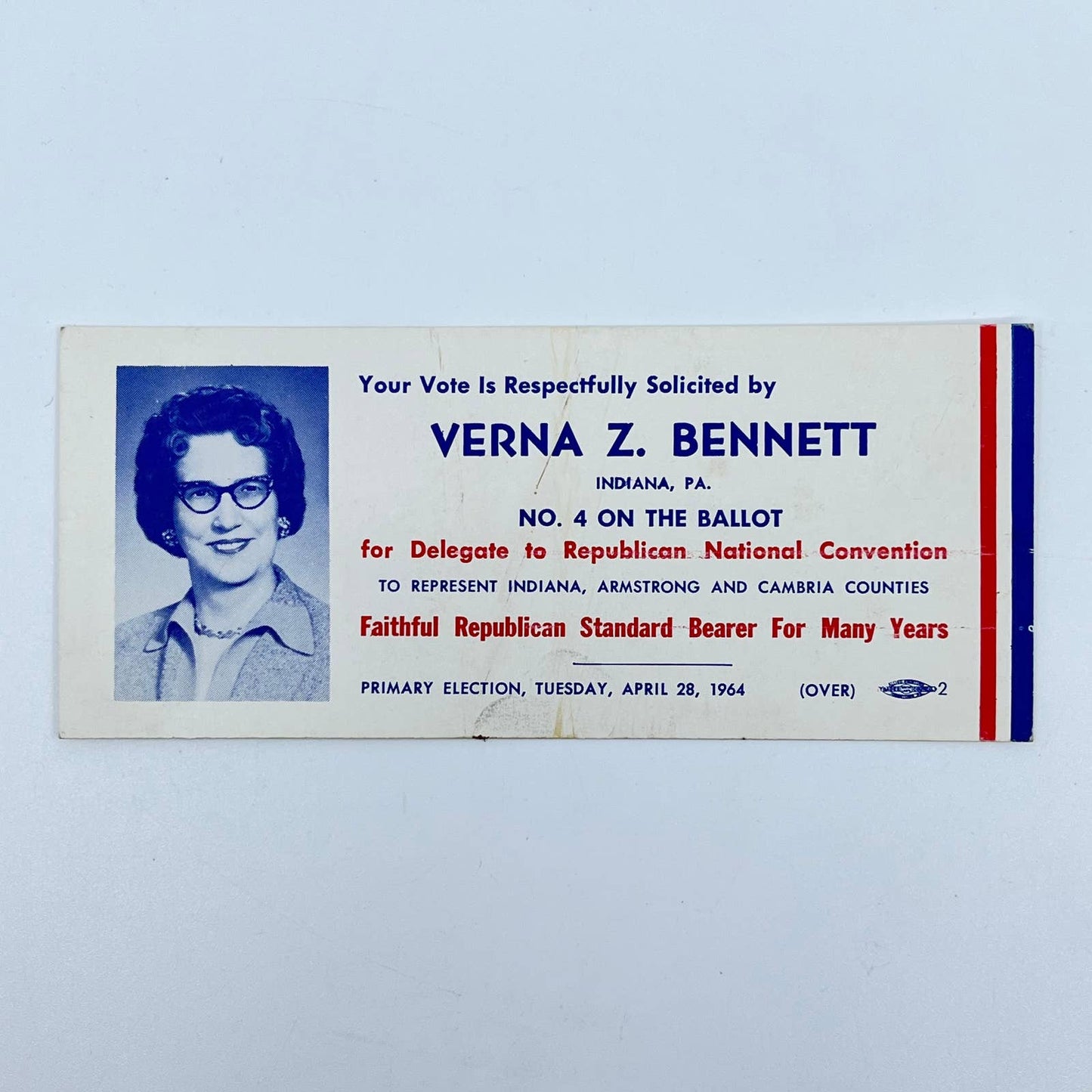 1960s Political Ad Card Verna Z. Bennett Alternate Delegate Republican RNC SC3