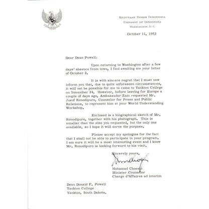 Embassy of Indonesia Official Letterhead Memo Mohamad Choesin 10/11/63 TK1-P10