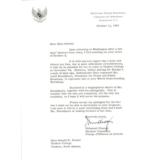 Embassy of Indonesia Official Letterhead Memo Mohamad Choesin 10/11/63 TK1-P10