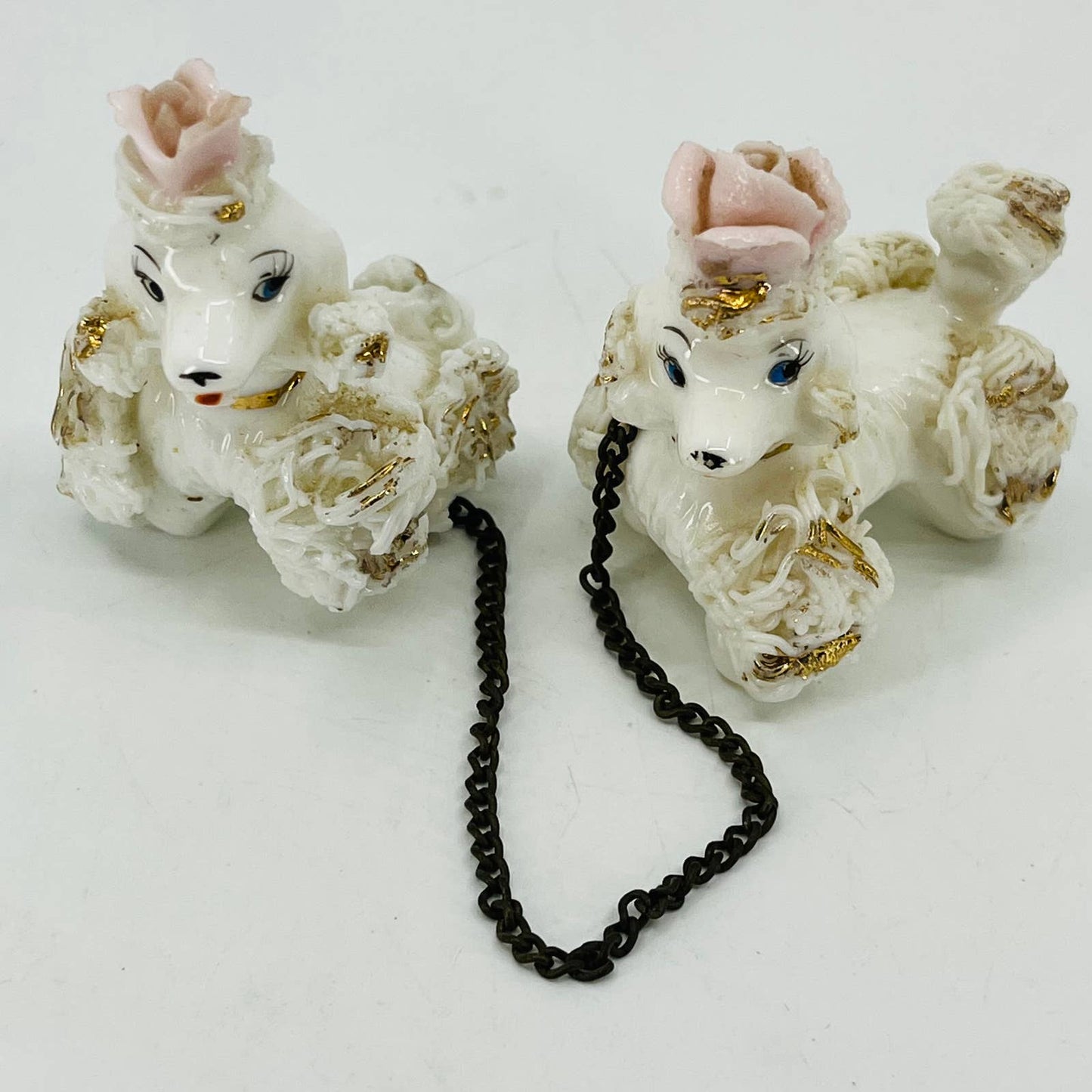 Vintage Poodle Dogs on Chain Hand Painted Bone China Porcelain 2” SA5