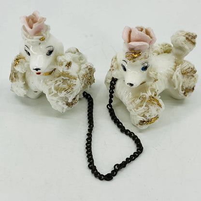 Vintage Poodle Dogs on Chain Hand Painted Bone China Porcelain 2” SA5