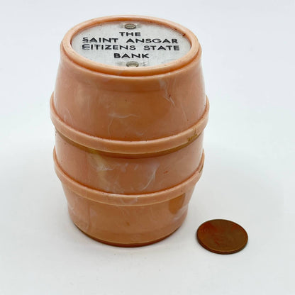 Vintage St. Ansgar Iowa Citizens State Bank Pink Celluloid Coin Bank TF3