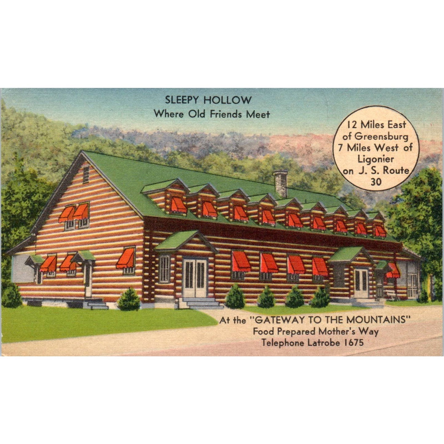 Ligonier PA Sleepy Hollow Restaurant Log Cabin Lincoln Hwy 30 Postcard TJ9-P1