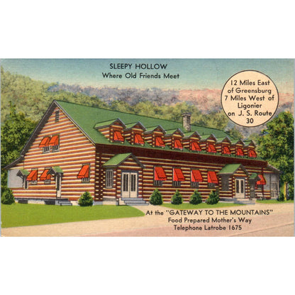 Ligonier PA Sleepy Hollow Restaurant Log Cabin Lincoln Hwy 30 Postcard TJ9-P1