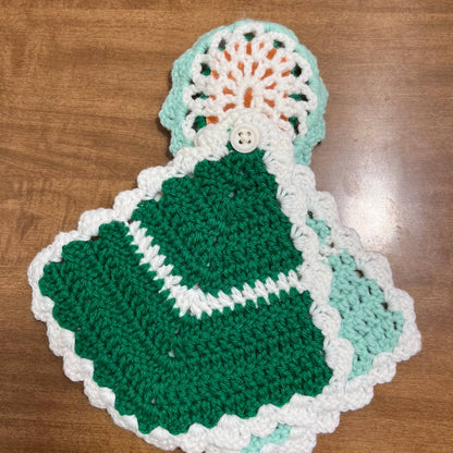 Vintage 1960s Crocheted Plastic Doll Face Pot Holders Green Mint White TH6