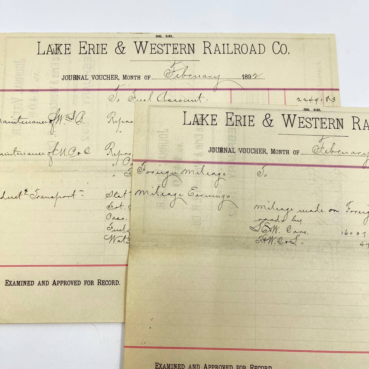 1892 Lake Erie & Western Railroad Co. Journal Voucher RR Lot of 2 AB1-2