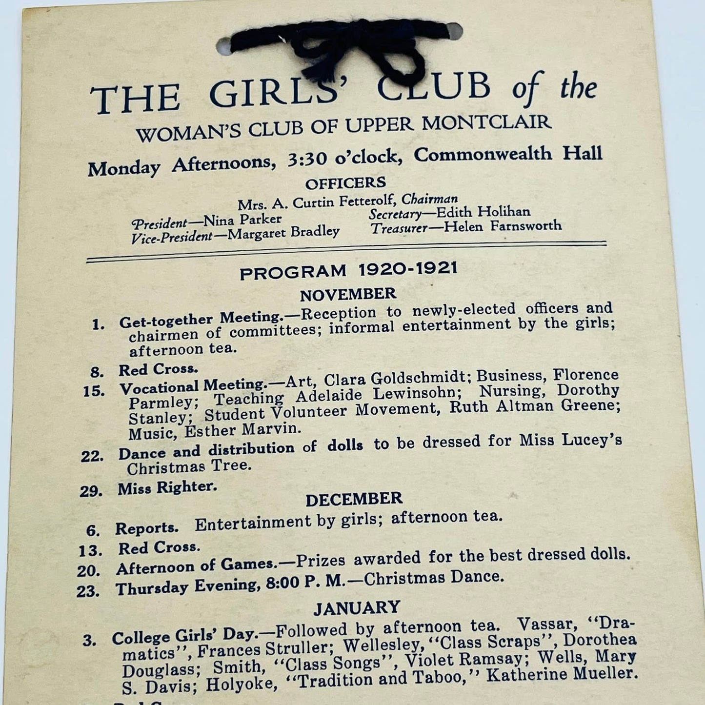 1920-21 The Girls Club of The Woman’s Club of Upper Montclair Schedule NJ D6