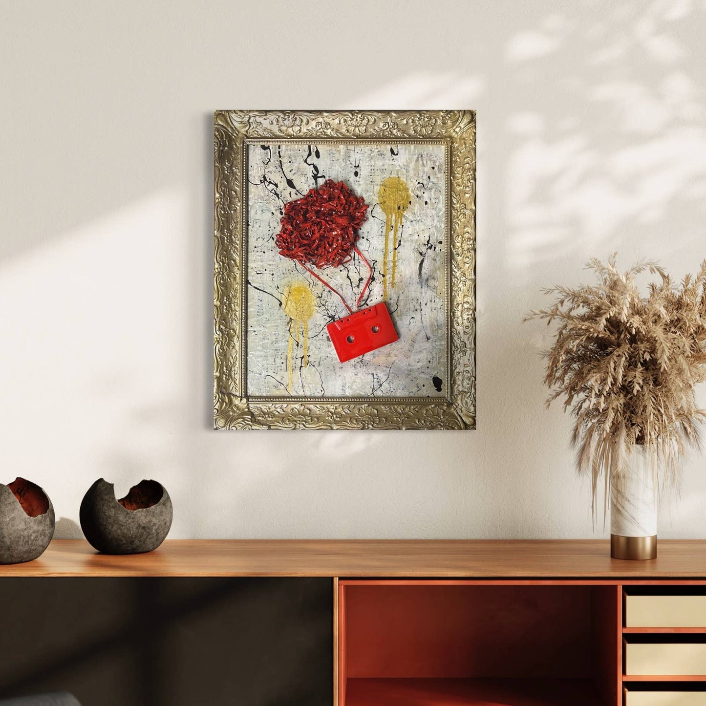 Original Framed Abstract Pop Art Assemblage Collage 19.5x16” “Red Tape” With COA