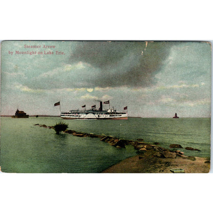 Steamer Arrow by Moonlight on Lake Erie Original Postcard TK1-21