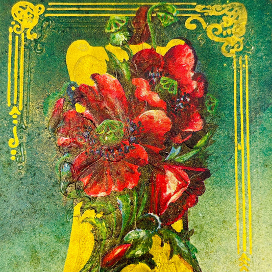 1910s Birthday Post Card WINSCH Back Art Deco Embossed Poppies Dresden PA5-2