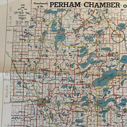 1951 Perham Chamber of Commerce Lake & Road Map of Otter Tail County 18x22" TG1