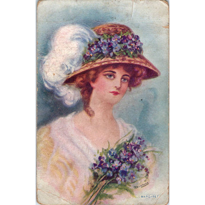 1913 Postcard Victorian Lady "Margaret" Hat and Flower Bouquet SE3-2