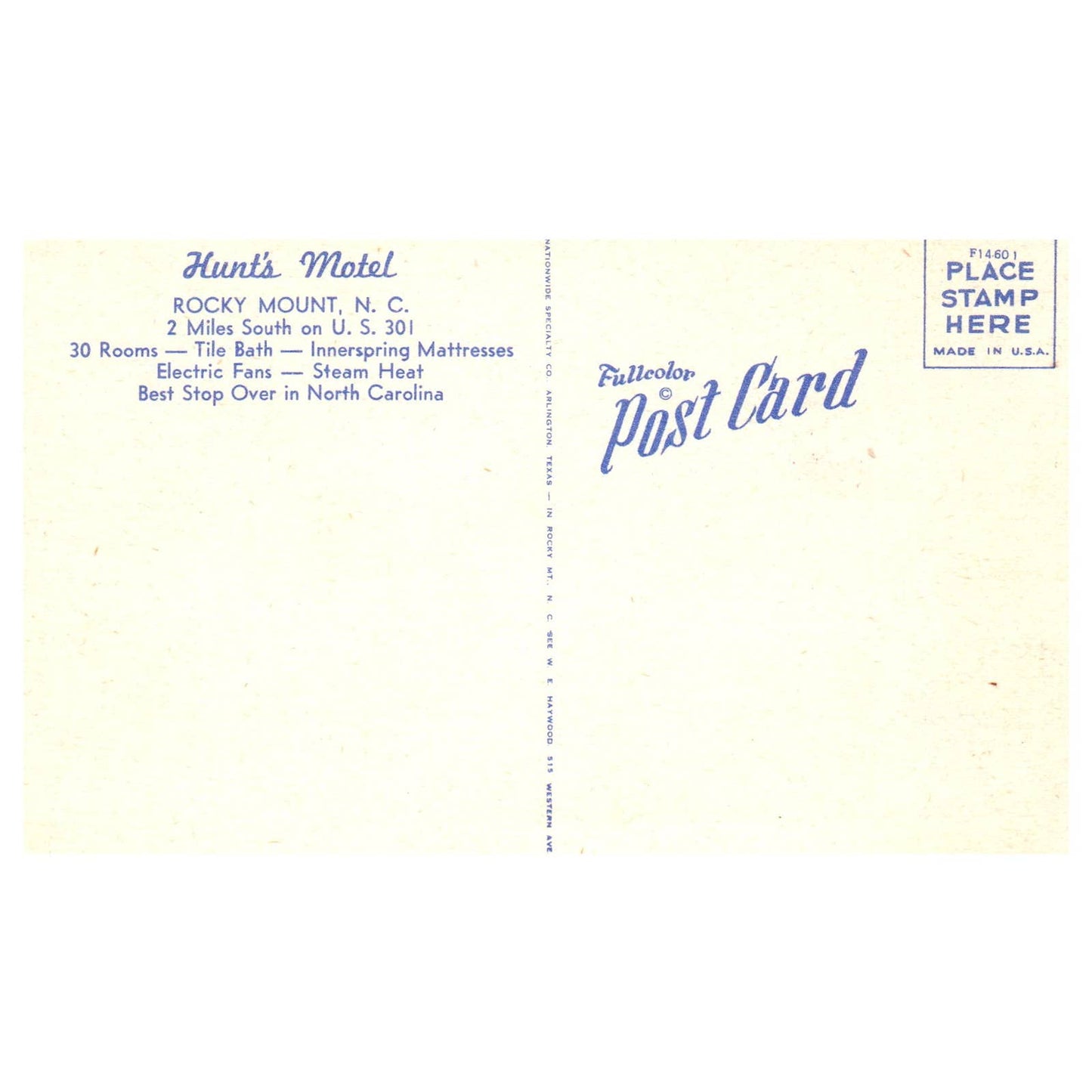 Hunt's Motel Rocky Mount North Carolina - Postcard TJ8-1