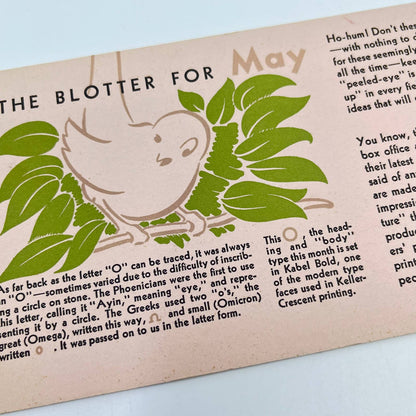 1940s Blotter Card May Bird on Branch Keller-Crescent Co. Evansville IN SC9