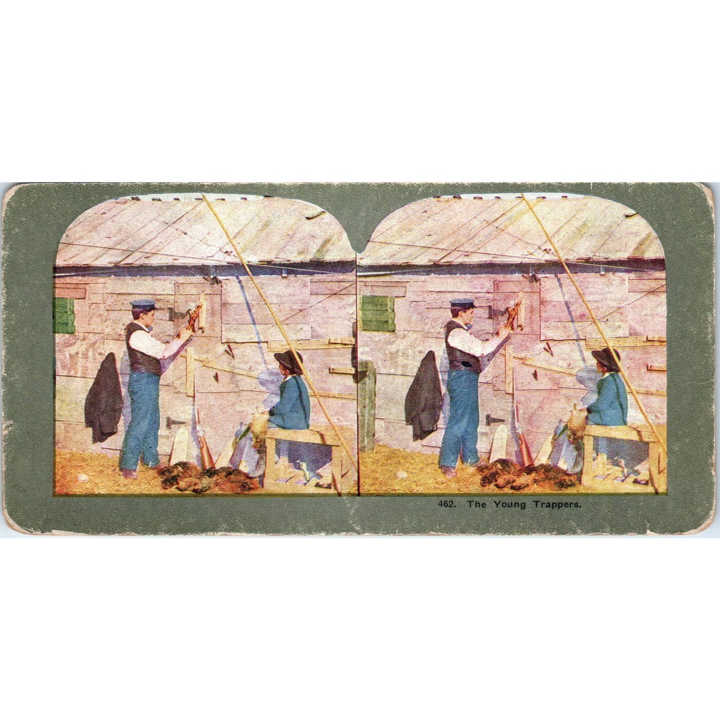 Victorian Fur Trappers "The Young Trappers" - Antique Stereoview Card TJ1-C1