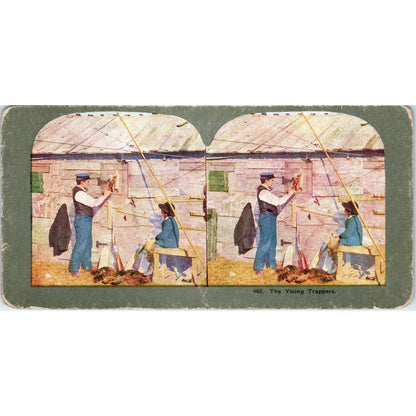 Victorian Fur Trappers "The Young Trappers" - Antique Stereoview Card TJ1-C1
