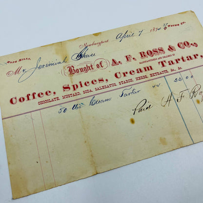 1874 AF Ross Co 37 Water St. Newburyport MA Billhead Letterhead Receipt AA4