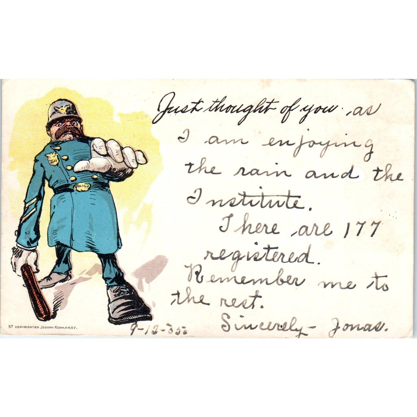 Police Officer Illustration Joseph Koehler 1909 Original Postcard TK1-28
