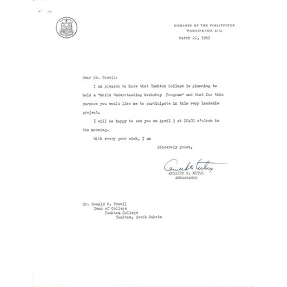 Embassy of the Philippines Official Letterhead Amelito R. Mutuc 3/22/63 B9