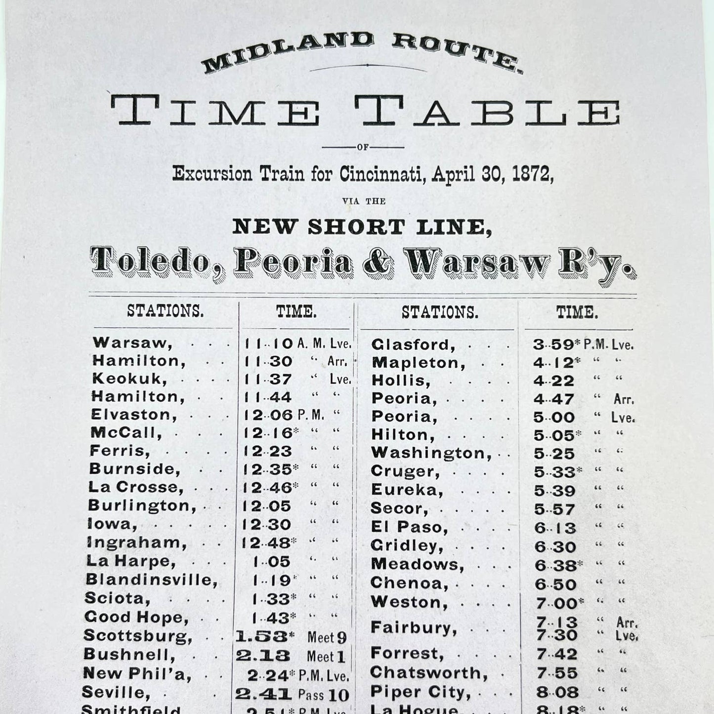 1872 Midland Route Time Table New Short Line Toledo Peoria & Warsaw Railway AB1