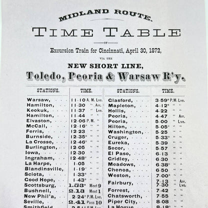 1872 Midland Route Time Table New Short Line Toledo Peoria & Warsaw Railway AB1