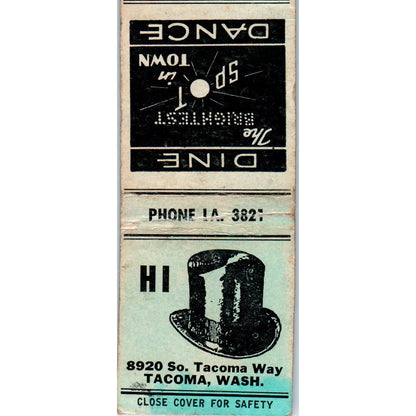 Hi Hat Dine & Dance Tacoma Washington Advertising Matchbook Cover SA9-M6