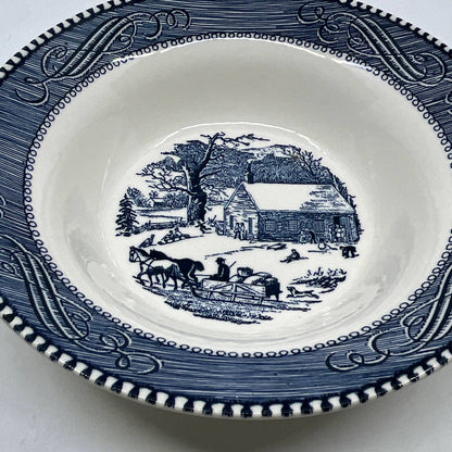 Currier and Ives Bowl Early Winter Schoolhouse Horse Buggy 6 1/4" Blue TI3-1