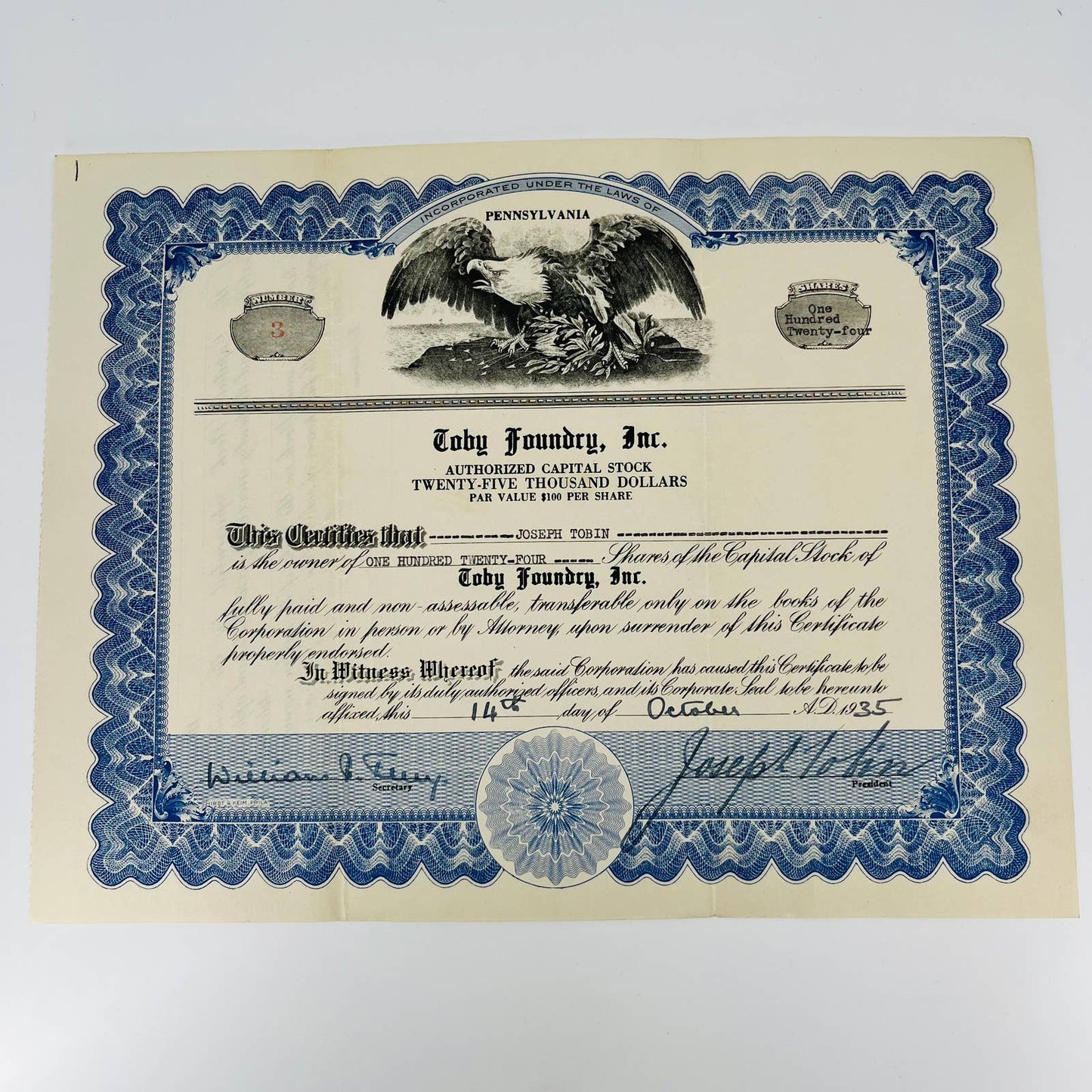 1935 Stock Certificate Toby Foundry Inc $25,000 Pennsylvania BA4