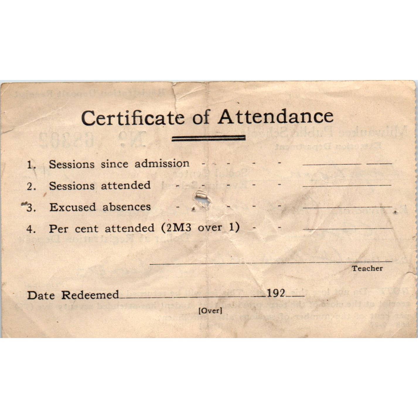 1936 Milwaukee Public Schools Certificate of Attendance Milwaukee WI SE5