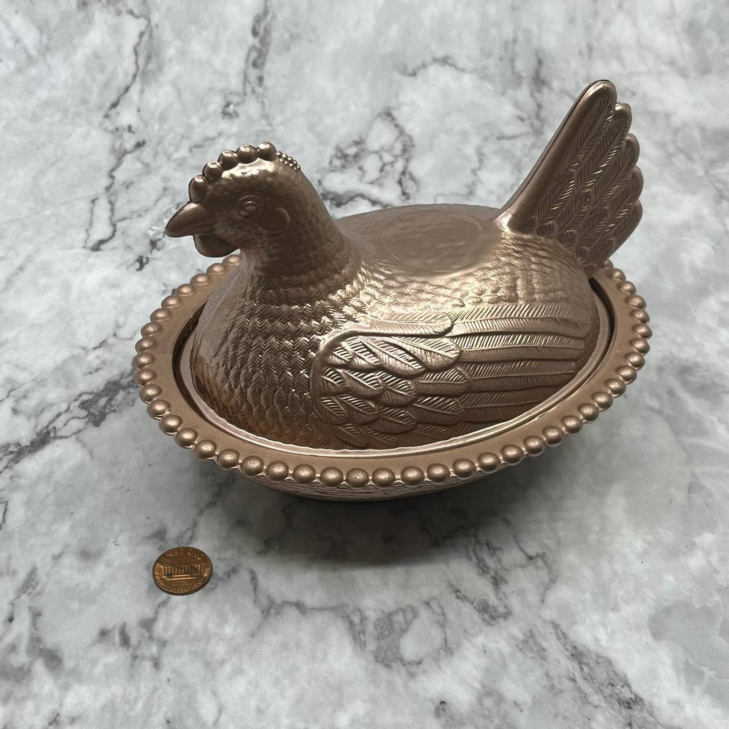Vintage Rose Gold Glass Nesting Hen On Nest Candy Dish 5x7” TJ8