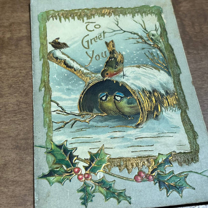 c1910 Embossed Holly Nuthatch Birds Christmas Greetings Postcard Germany PA2