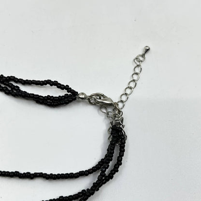 Vintage Boho Metal Rose Pendant Necklace Black Bead Multi-Strand Chain SD4