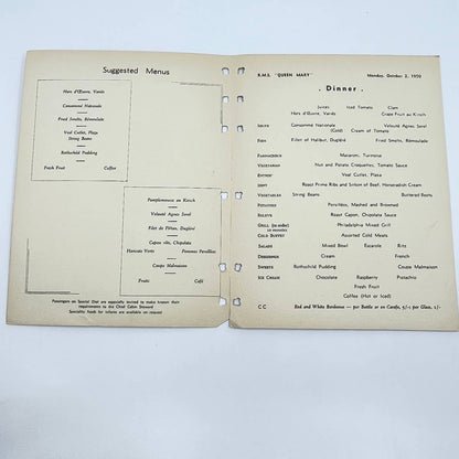 Vintage 1950 Cunard White Star RMS Queen Mary Dinner Menu Angelfish AB3