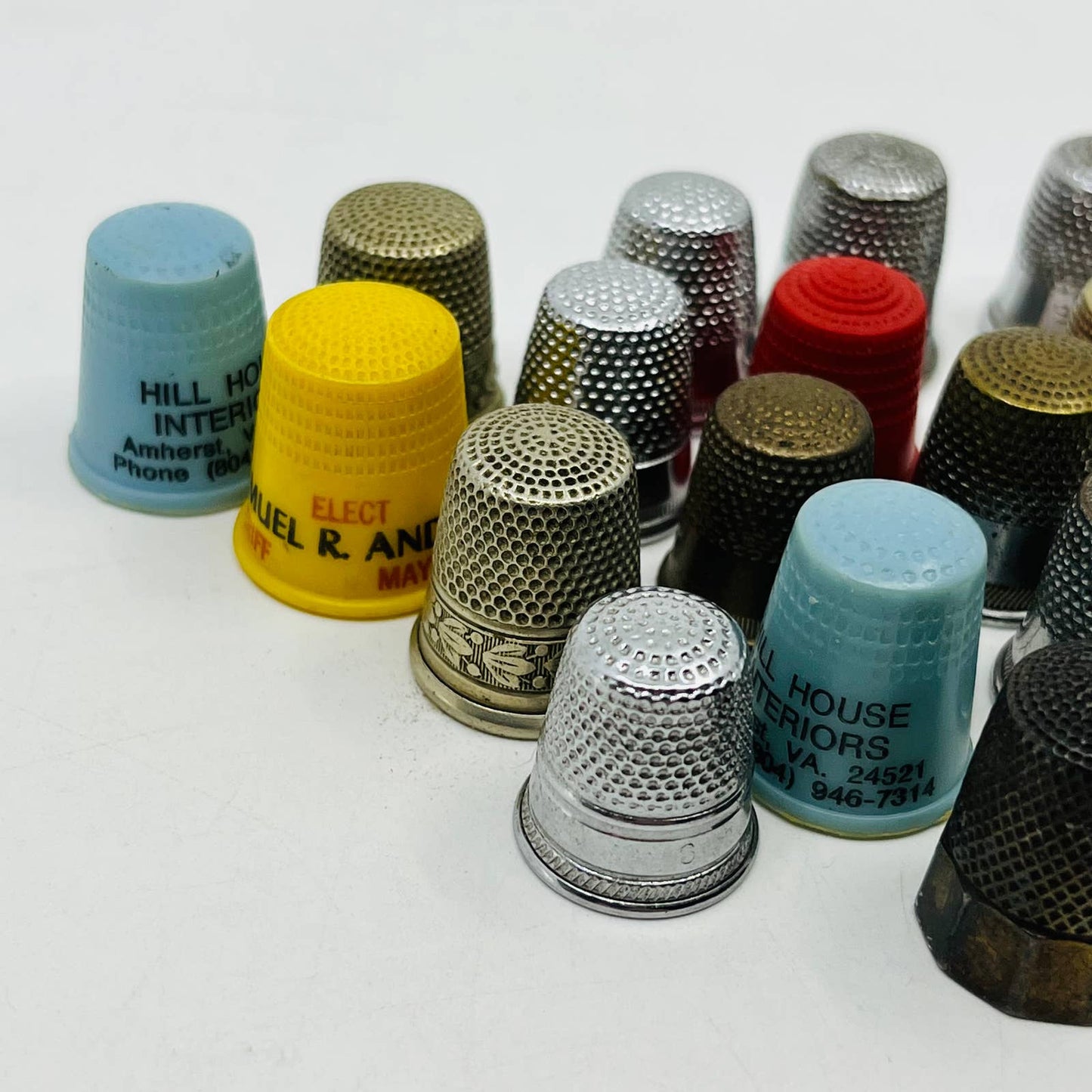 Vintage Collection of 16 Thimbles Advertising Silver Plate Brass TD6