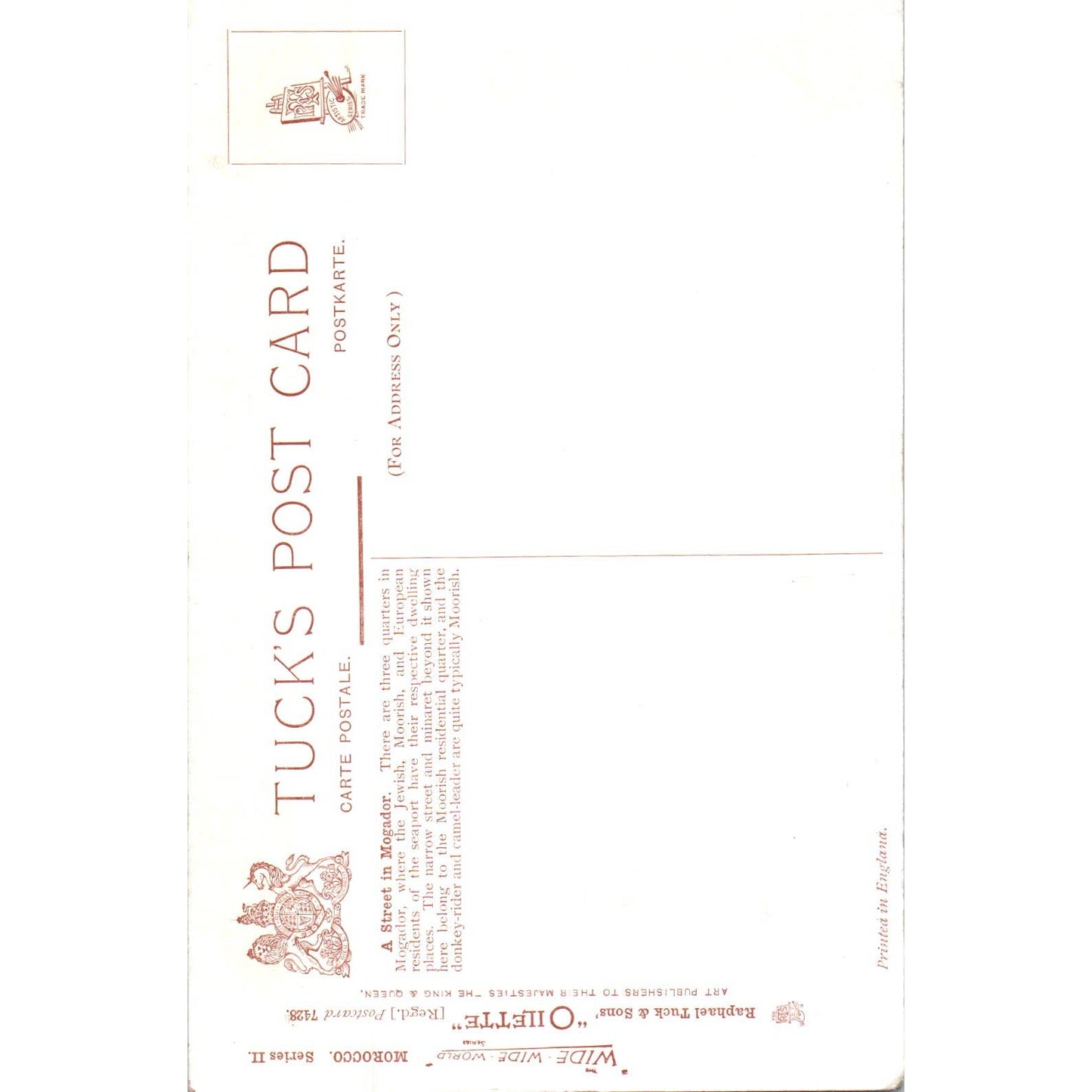 Morocco Street in Mogador Raphael Tuck Oilette Original Postcard TK1-P14