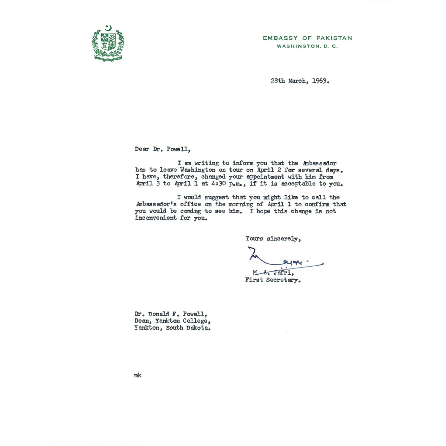 Embassy of Pakistan to US Letterhead Memo M.A. Jafri 3/28/63 B14