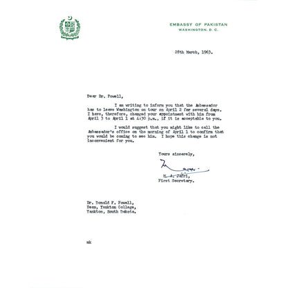 Embassy of Pakistan to US Letterhead Memo M.A. Jafri 3/28/63 B14